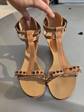 Valentino Red Tan Leather Wedge Sandals